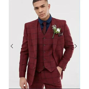 ASOS DESIGN wedding skinny suit jacket in burgundy wool mix check